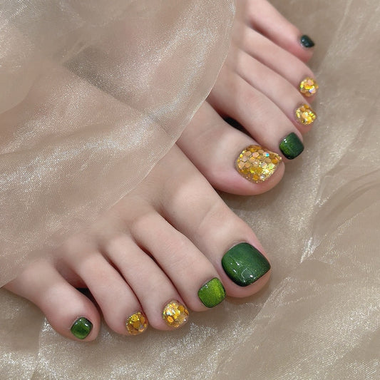 【Sen Nail】グリーンキャッツアイフットネイルチップ B75｜ラメ・シンプル｜Sen Nail フットネイルチップ・ペディキュア
